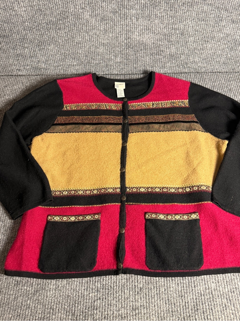 VTG Koret 100% Wool Knit Cardigan Sweater Womens Plus Multi-Color Textured Boho